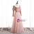 Pink Tulle Velvet Long Sleeve Square Pearls Prom Dress