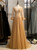 Gold Tulle Long Sleeve Backless Beading Prom Dress