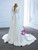 White Satin Long Sleeve Illusion V-neck Pearls Wedding Dress