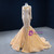 Champagne Mermaid Tulle Long Sleeve Pearls Prom Dress