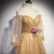 Champagne Tulle Off the Shoulder Embroidery Long Sleeve Prom Dress