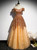 Gold Tulle Sequins Off the Shoulder Short Sleeve Prom Dress