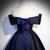 Navy Blue Satin Off the Shoulder Prom Dress