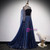 Navy Blue Tulle Sequins High Neck Long SLeeve Beading Prom Dress