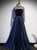 Navy Blue Tulle Sequins High Neck Long SLeeve Beading Prom Dress