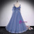 Blue Tulle Square Long Sleeve Beading Prom Dress