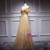 Gold Tulle Lace Sequins Appliques Backless Spaghetti Straps Prom Dress