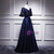 Navy Blue Satin Lace V-neck Bat Pearls Prom Dress