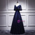 Navy Blue Satin Lace V-neck Bat Pearls Prom Dress