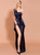 In Stock:Ship in 48 Hours Navy Blue Satin One Shoulder Party Dress