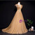 Gold Tulle Pleats Appliques Backless Prom Dress