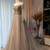 Champagne Gray Tulle Long Sleeve Beading Prom Dress