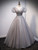 Gray Tulle V-neck Puff Sleeve Beading Prom Dress