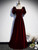 Burgundy Velvet Square Short Sleeve Beading Prom Dress