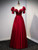 Burgundy Satin Illusion Neck Short Sleeve Prom Dress