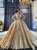 Champagne Tulle Appliques Square Long Sleeve Beading Wedding Dress