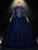 Navy Blue Tulle Long Sleeve Appliques Quinceanera Dress