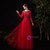 A-Line Red Tulle Long Sleeve Beading Prom Dress