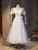 White Tulle V-neck Puff Sleeve Prom Dress With Belt