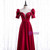 Burgundy Satin Short Sleeve Pearls Prom Dress