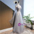 Silver Gray Tulle Sequins Scoop Neck Pearls Prom Dress