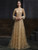 Gold Tulle Long Sleeve Beading Sequins Feather Prom Dress