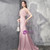 Pink Mermaid Satin V-neck Pearls Beading Prom Dress