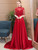 Burgundy Satin Backless Appliques Tassel Beading Prom Dress