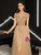 Gold Tulle Cap Sleeve Beading Sequins Prom Dress