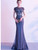 Navy Blue Mermaid Beading Sequins Cap Sleeve Prom Dress