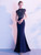 Navy Blue Mermaid Lockhole Beading Prom Dress