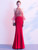 Red Mermaid Short Sleeve Beading Illusion Back Prom Dress