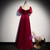 Burgundy Satin Puff Sleeve Beading Bow Prom Dress