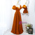 Orange Satin Puff Sleeve Illusion Neck Prom Dress