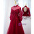 Burgundy Tulle High Neck Long Sleeve Appliques Prom Dress