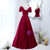 Burgundy V-neck Short Sleeve Pearls Prom Dress