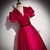 Burgundy Satin V-neck Puff Sleeve Prom Dress