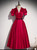 Burgundy Satin V-neck Puff Sleeve Prom Dress