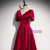 Burgundy Satin V-neck Pearls Prom Dress