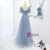 A-Line Gray Tulle Pearls V-neck Prom Dress