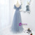 A-Line Blue Tulle Pearls V-neck Prom Dress