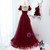 Burgundy Tulle Short Sleeve Backless Pleats Prom Dress