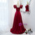 Burgundy Satin Cap Sleeve Beading Pearls Prom Dress