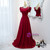 Burgundy Satin Cap Sleeve Beading Pearls Prom Dress