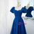 Blue Satin Short Sleeve Pleats Prom Dress