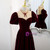 Burgundy Velvet Short Sleeve Prom Dress