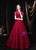 Burgundy Tulle High Neck Cap Sleeve Backless Beading Prom Dress