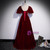 Burgundy Velvet V-neck Puff Sleeve Prom Dress