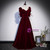 Burgundy Velvet Square Short Sleeve Pleats Prom Dress