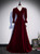 Burgundy Velvet V-neck Long Sleeve Button Prom Dress